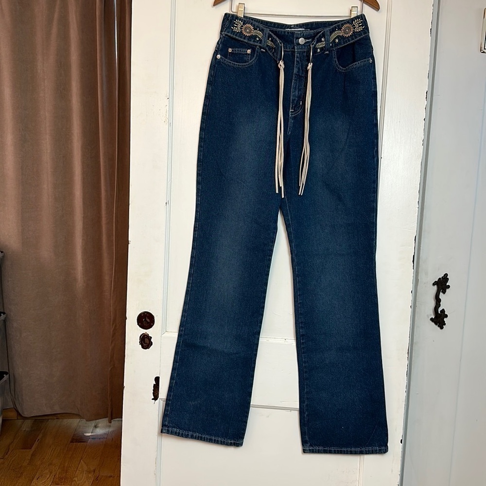 Y2K Bagatelle Bohemian floral embroidered suede fringe denim flare jeans12L